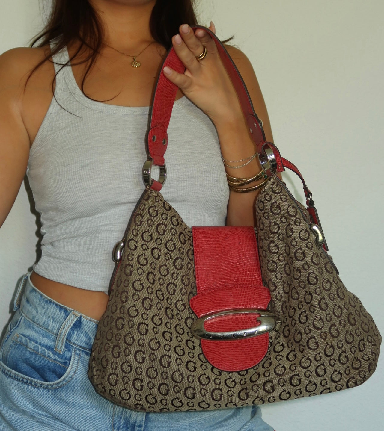 Vintage Guess Monogram Schultertasche Rot