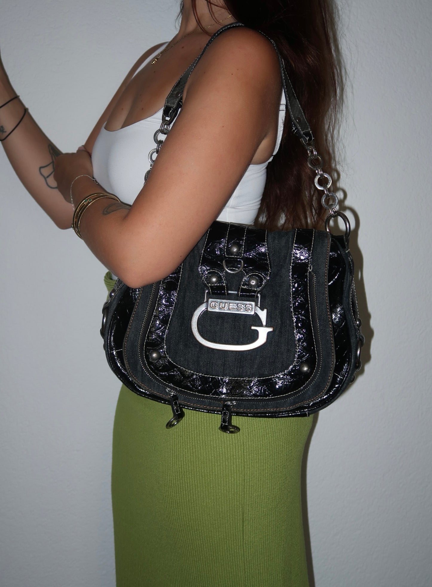 Vintage Guess Schultertasche Denim Schwarz Kroko