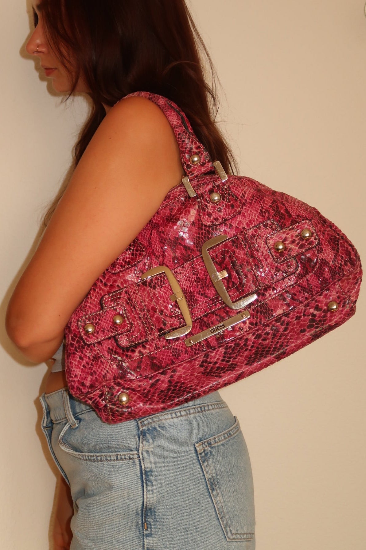 Vintage Guess Schultertasche Pink Snake Print