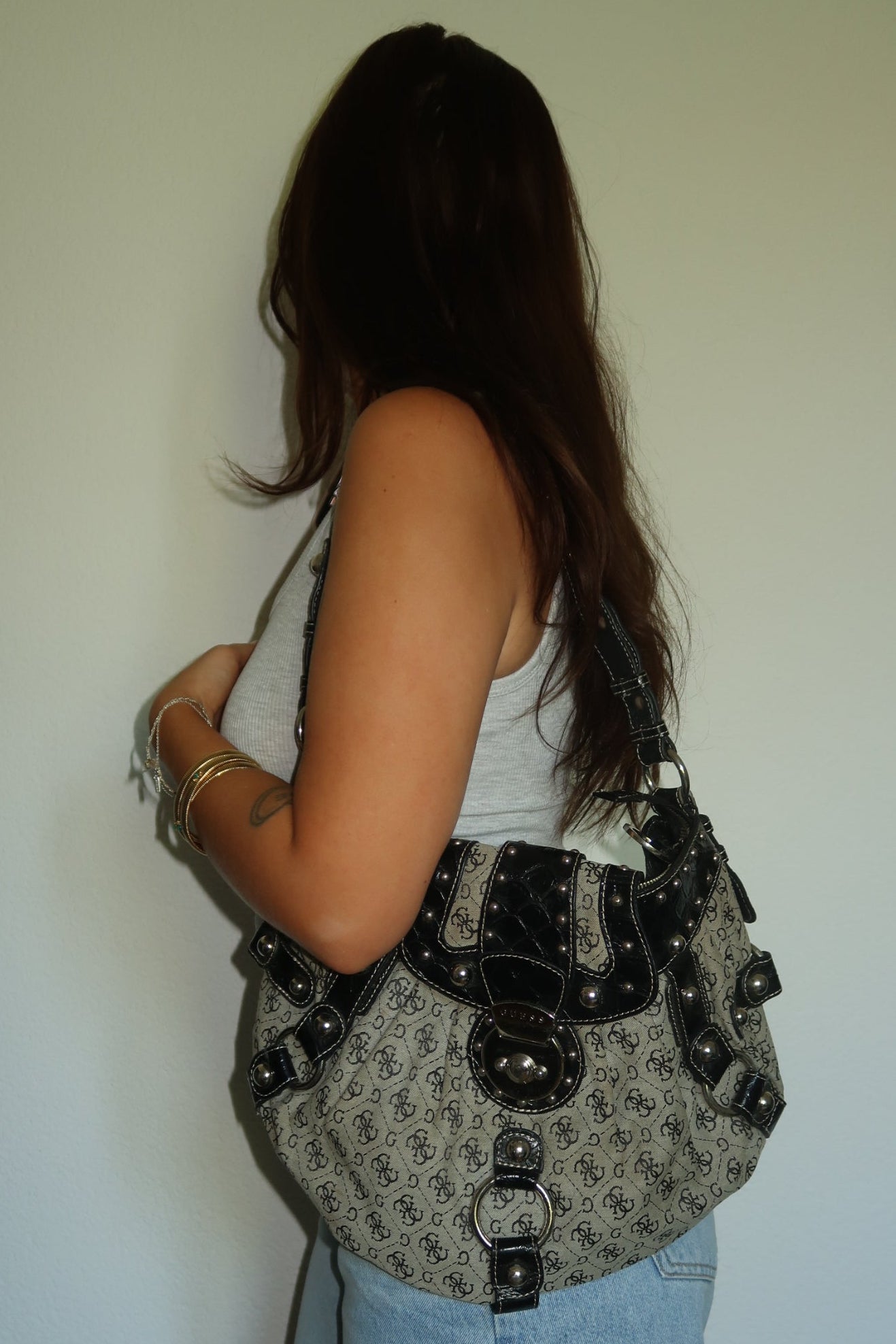 Vintage Guess Monogram Shopper Schwarz