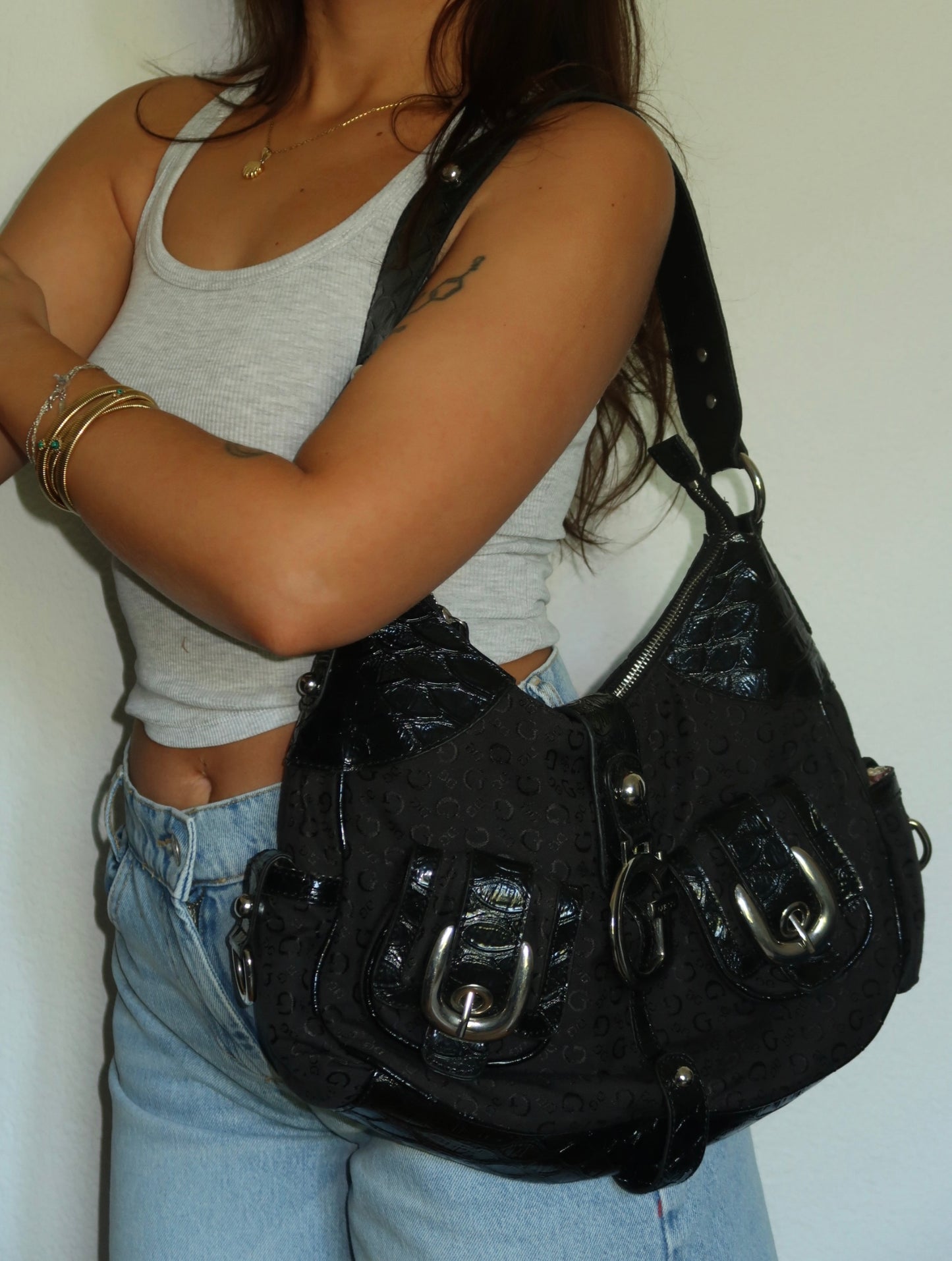 Vintage Guess Y2K Schultertasche Schwarz