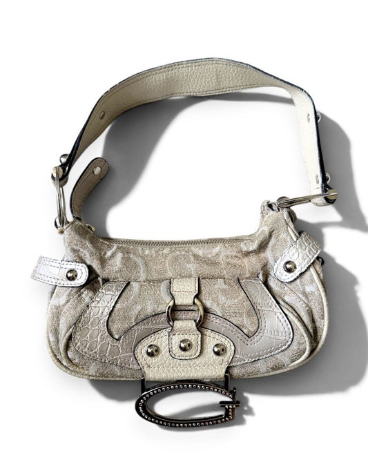 Vintage Guess Schultertasche Creme Monogramm Strass