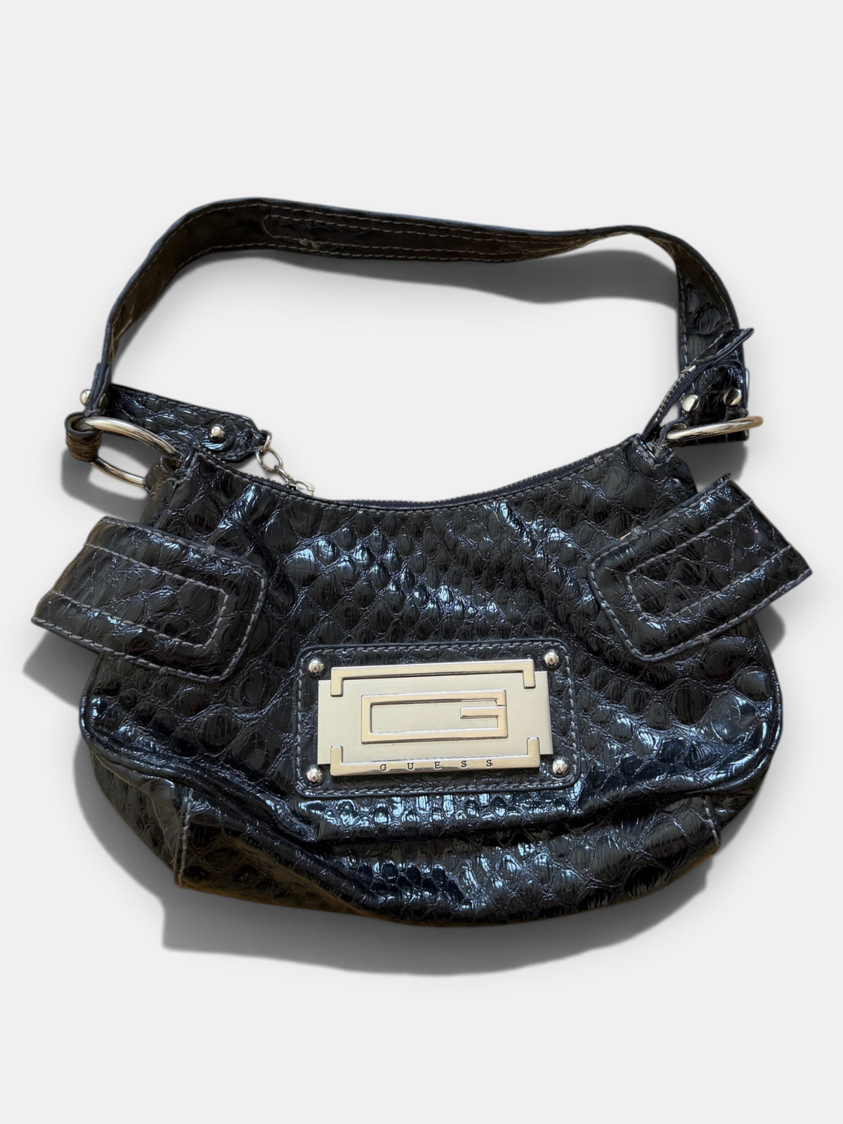 x Vintage Guess Schultertasche Schwarz in Kroko-Optik