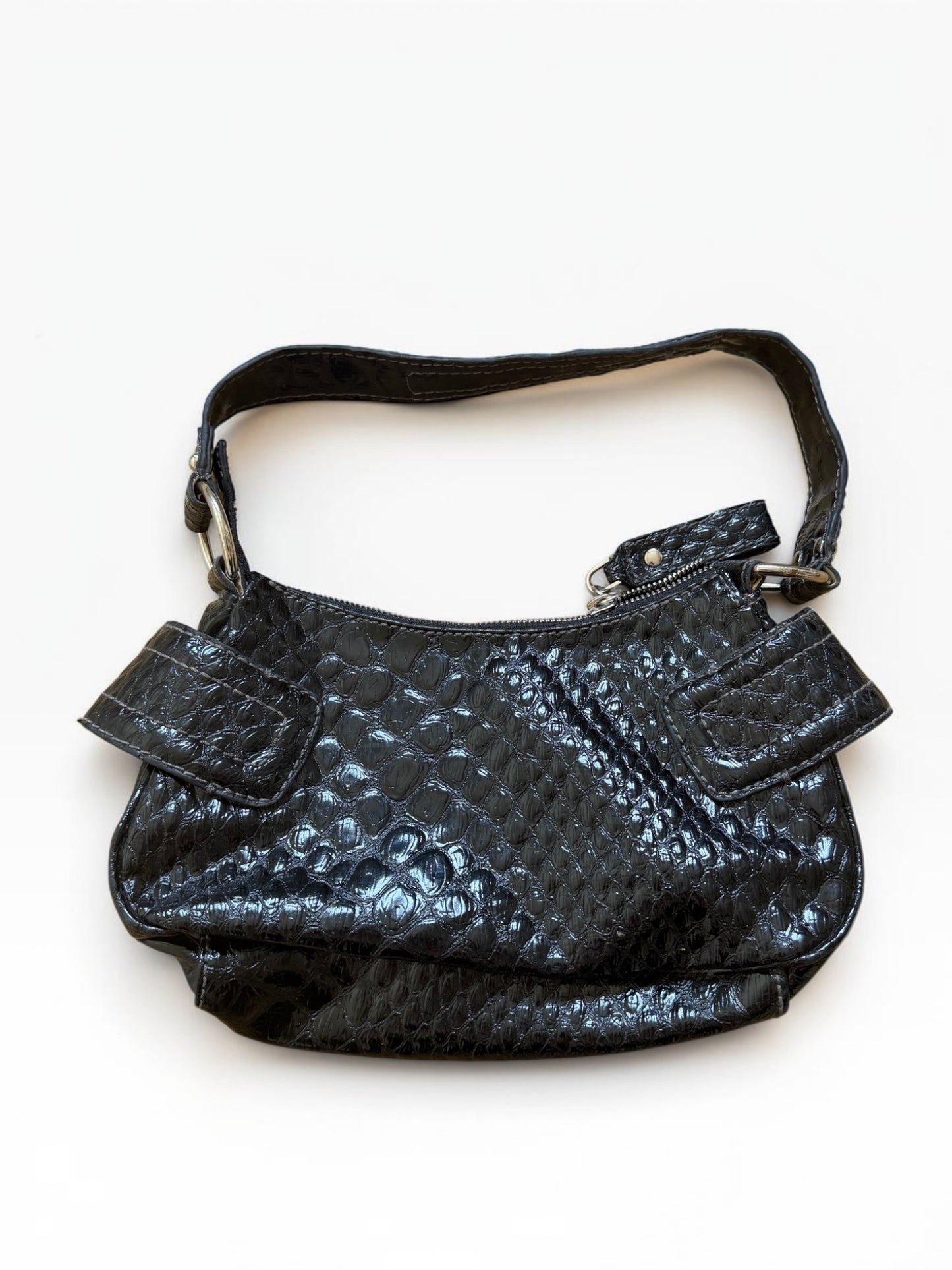 x Vintage Guess Schultertasche Schwarz in Kroko-Optik