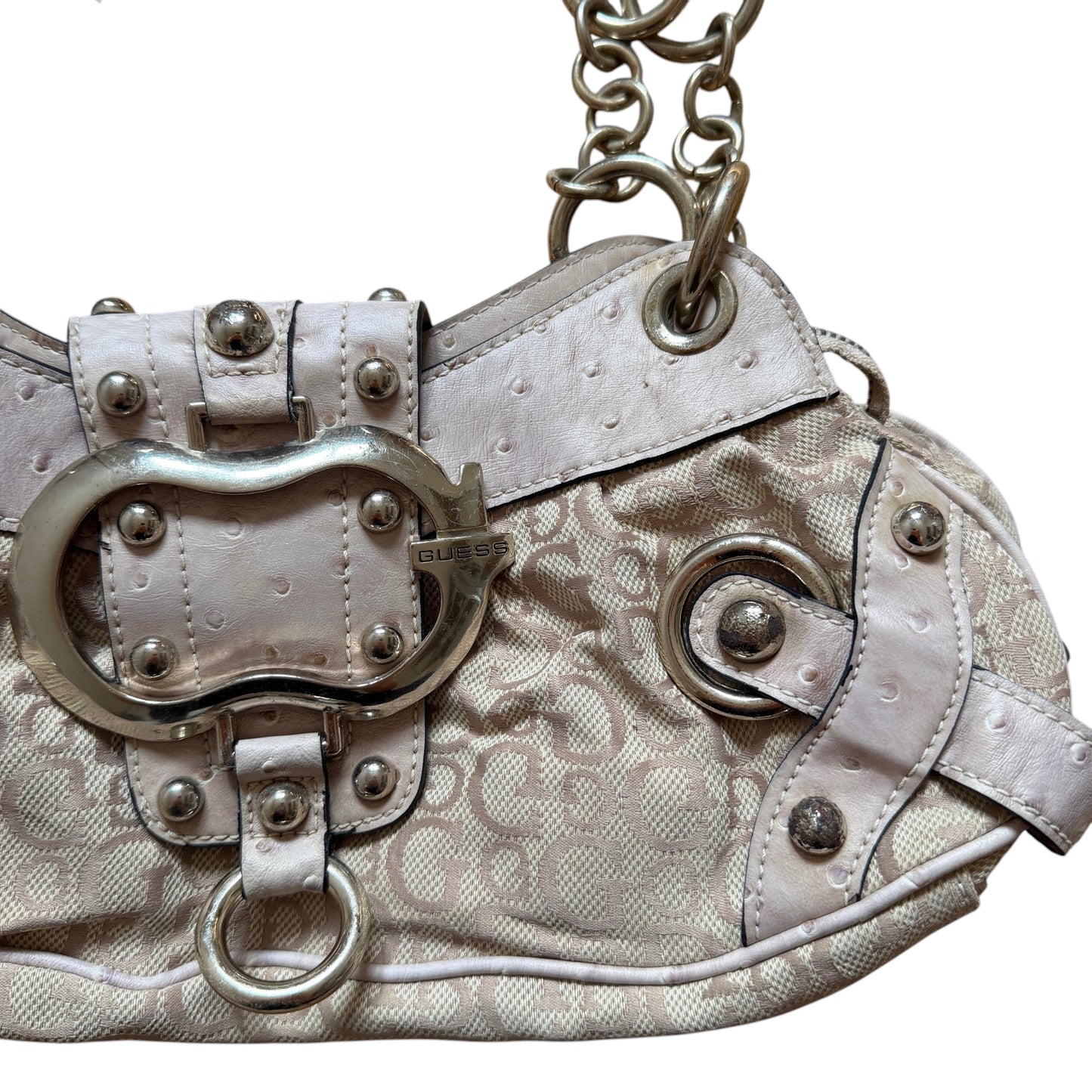 x Vintage Guess Schultertasche Beige Rosa Monogramm Y2K