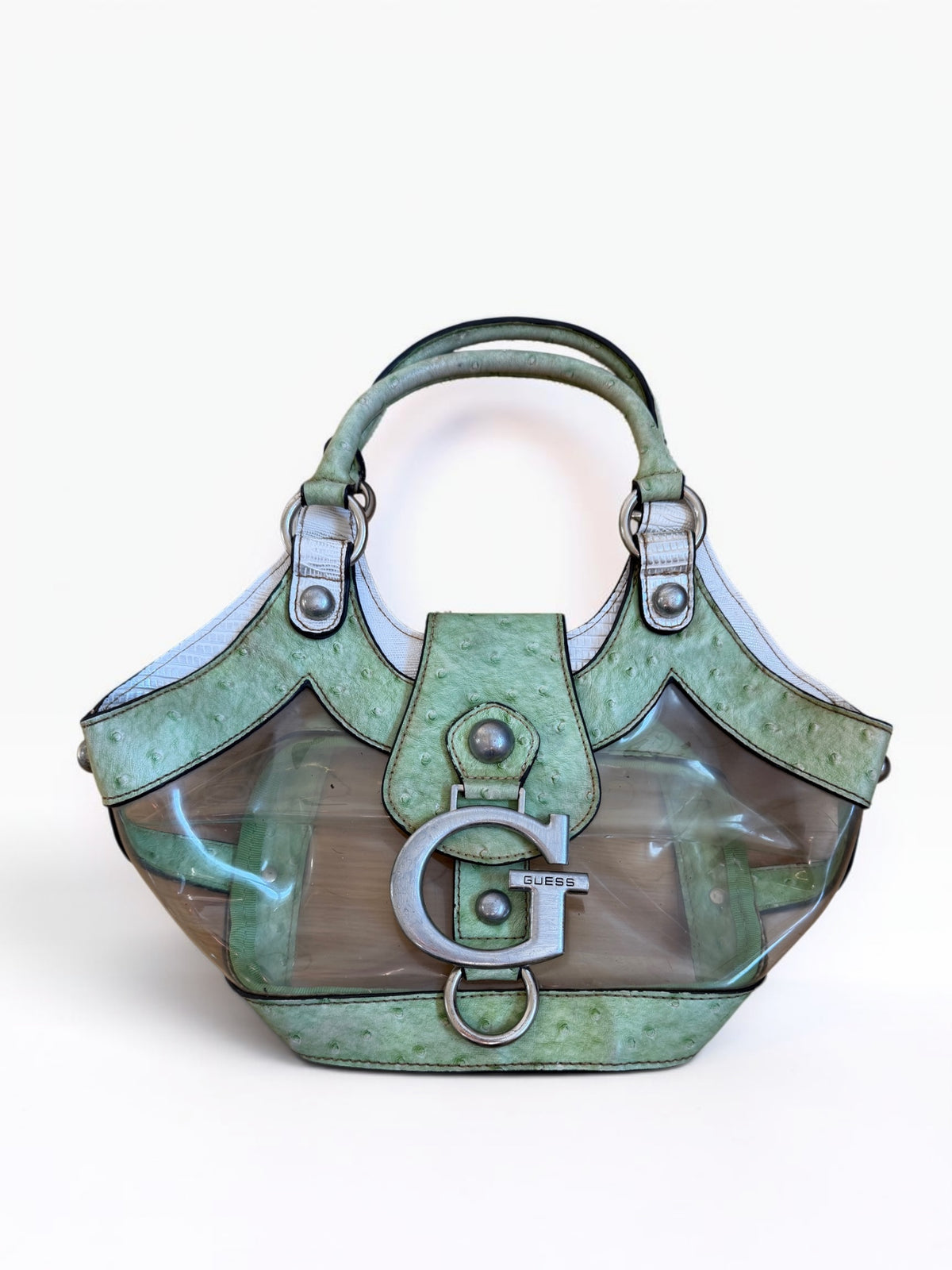 Vintage Guess transparente Handtasche mit mintgrünen Details, grossem silberfarbenem G-Logo und Y2K-Design