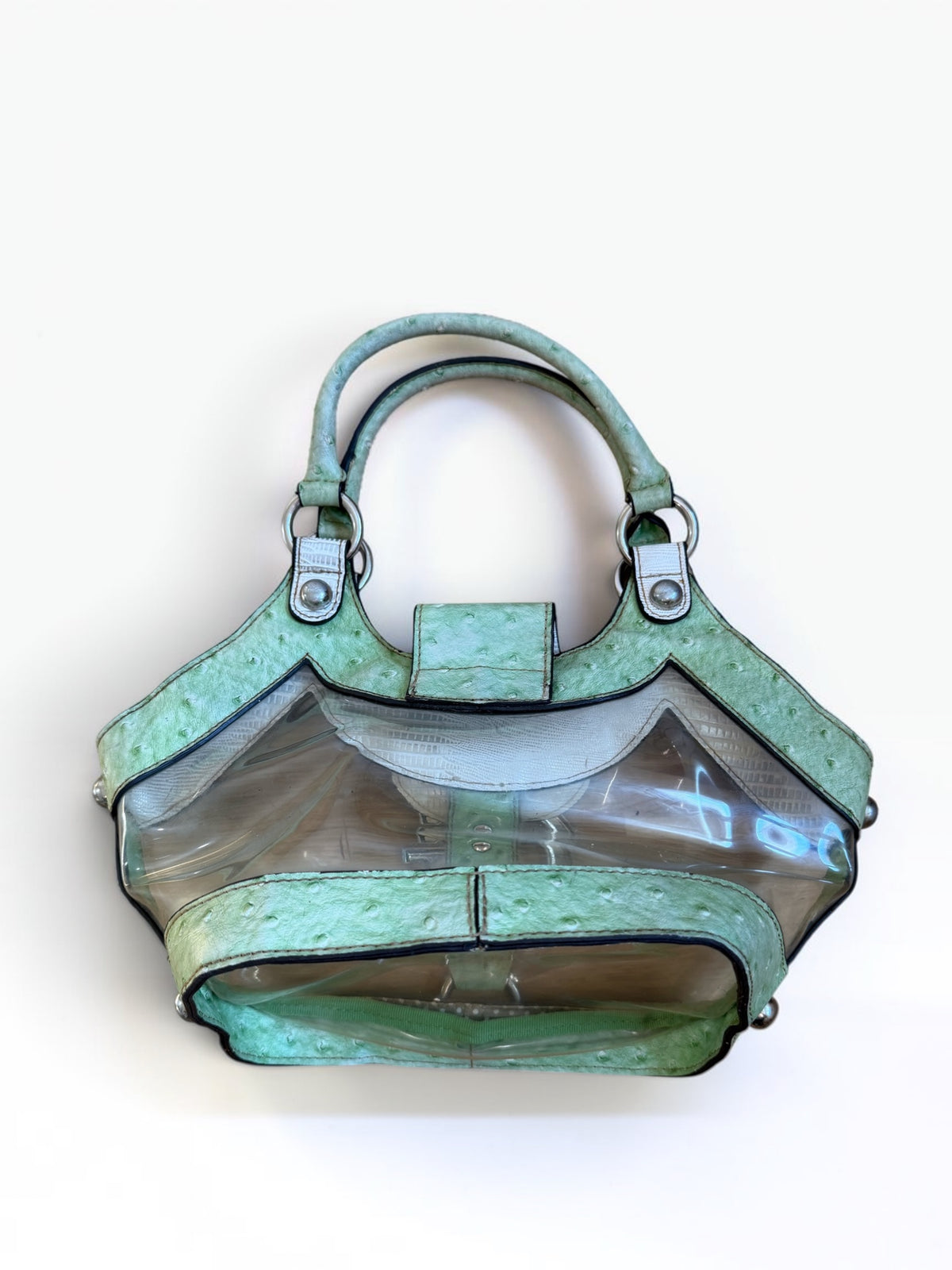 Vintage Guess transparente Handtasche mit mintgrünen Details, grossem silberfarbenem G-Logo und Y2K-Design