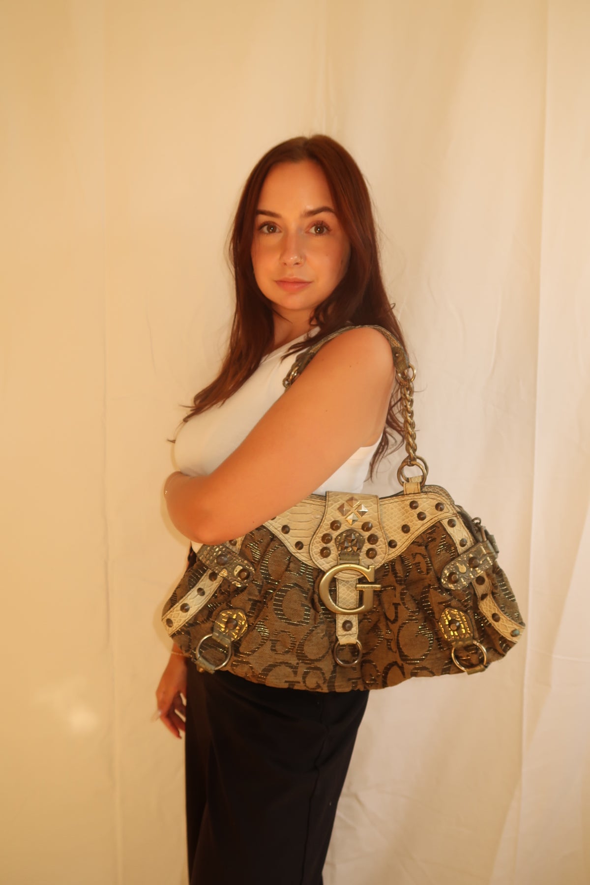 Vintage Guess Monogram Chain Shoulder Bag