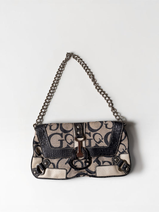 Vintage Guess Schultertasche Beige Schwarz Monogramm
