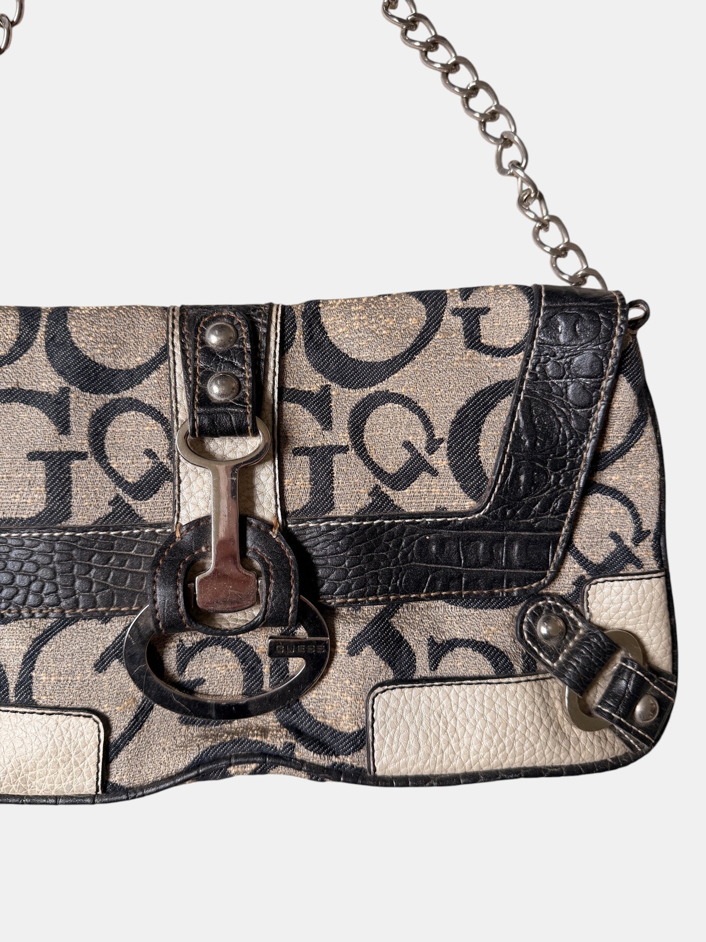 Vintage Guess Schultertasche Beige Schwarz Monogramm