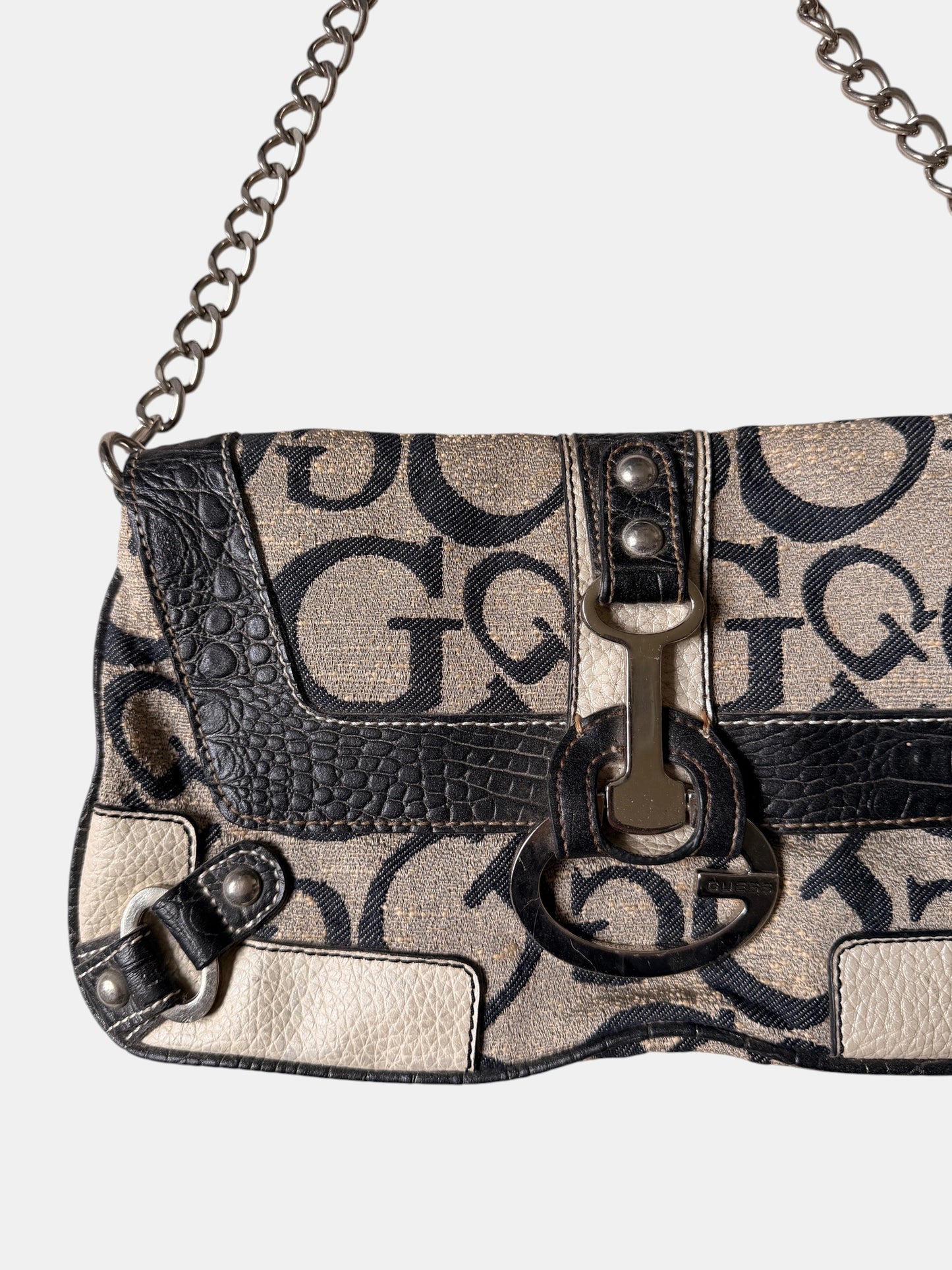 Vintage Guess Schultertasche Beige Schwarz Monogramm