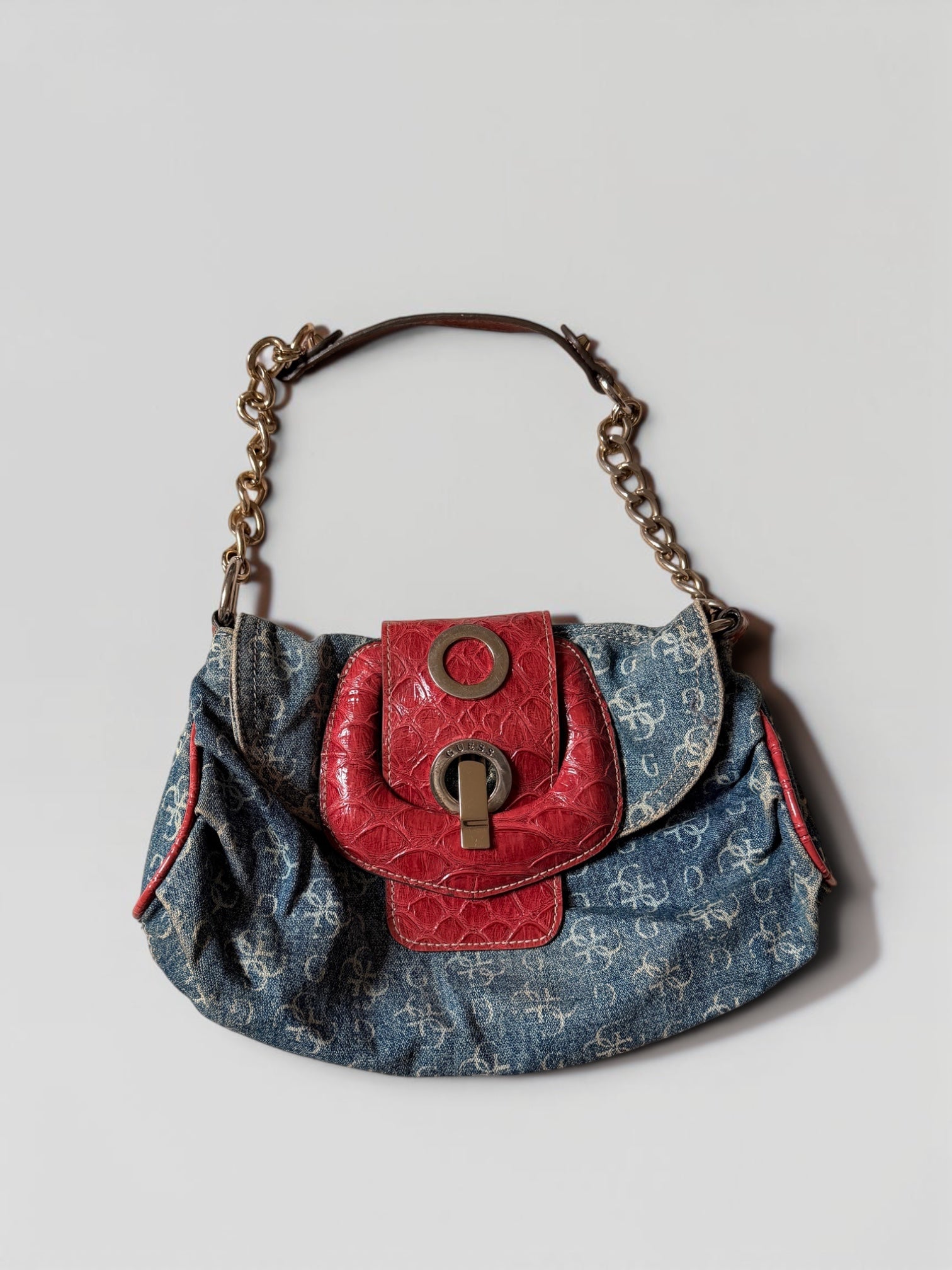 Vintage Guess Denim Monogram Schultertasche Rot