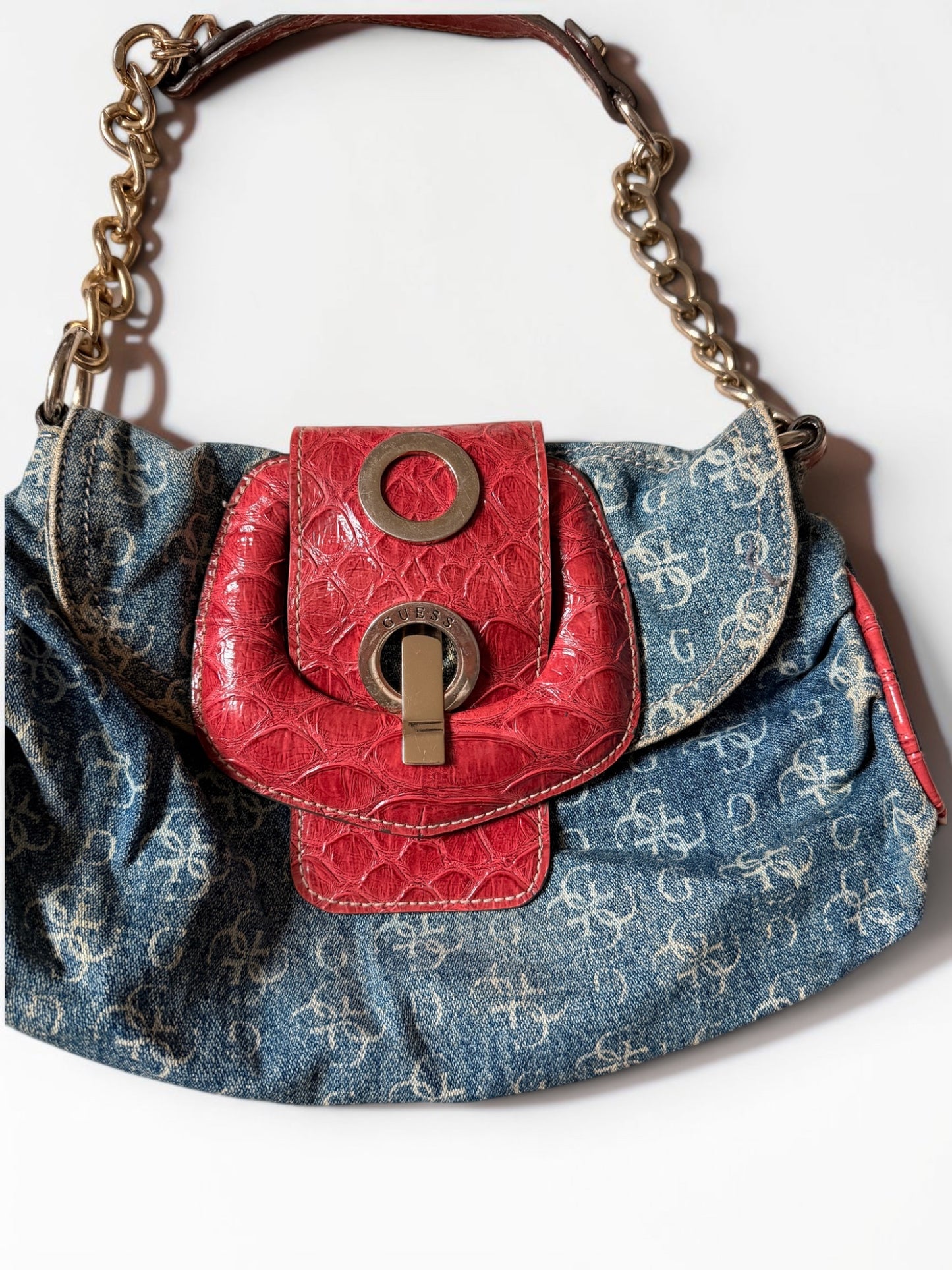 Vintage Guess Denim Monogram Schultertasche Rot
