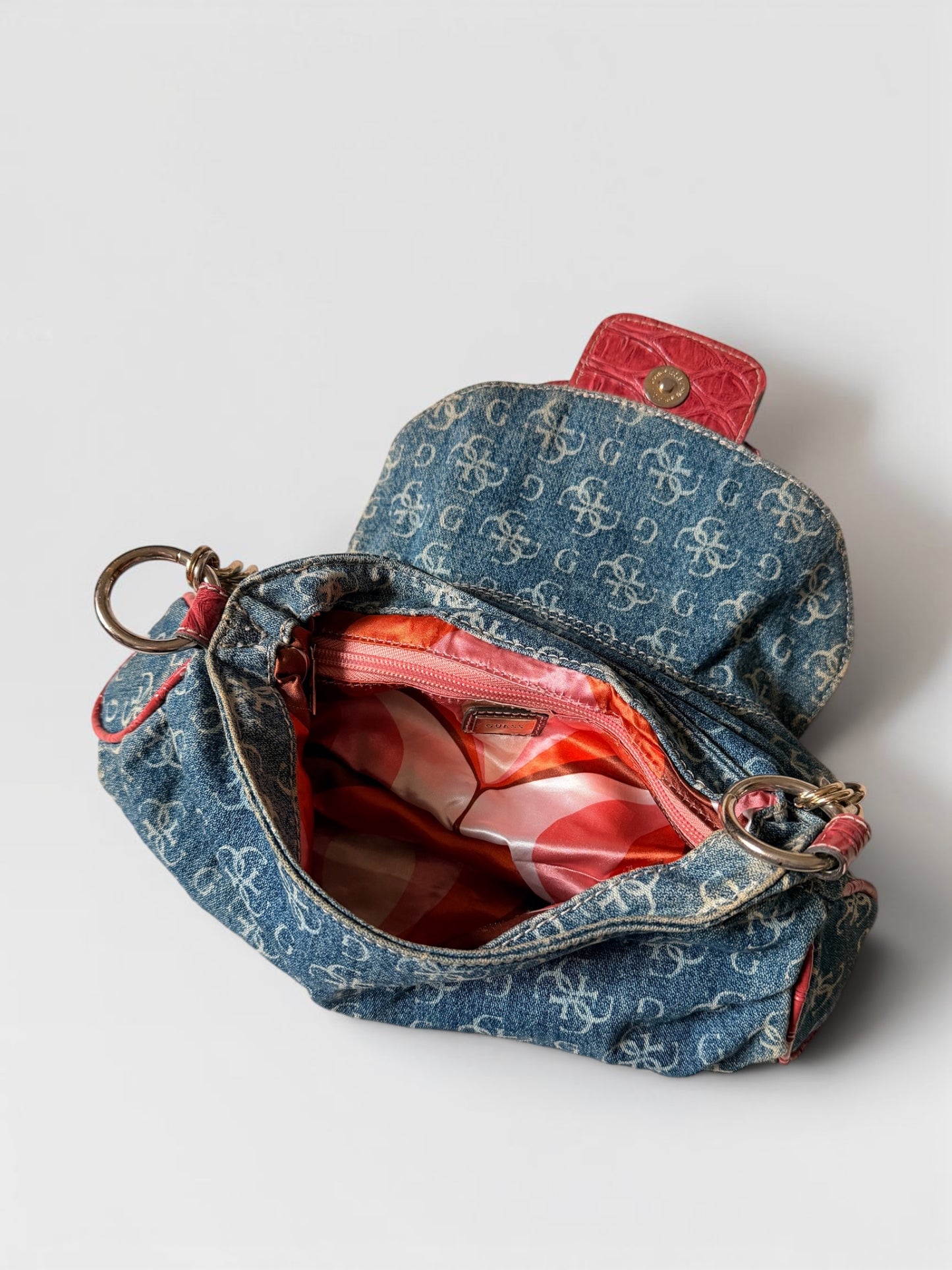 Vintage Guess Denim Monogram Schultertasche Rot