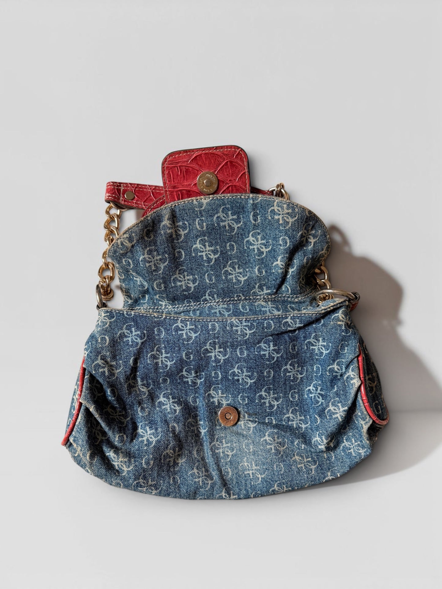 Vintage Guess Denim Monogram Schultertasche Rot