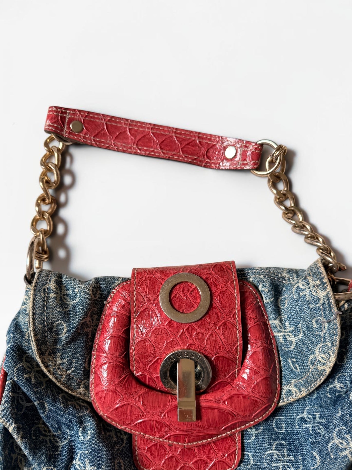 Vintage Guess Denim Monogram Schultertasche Rot