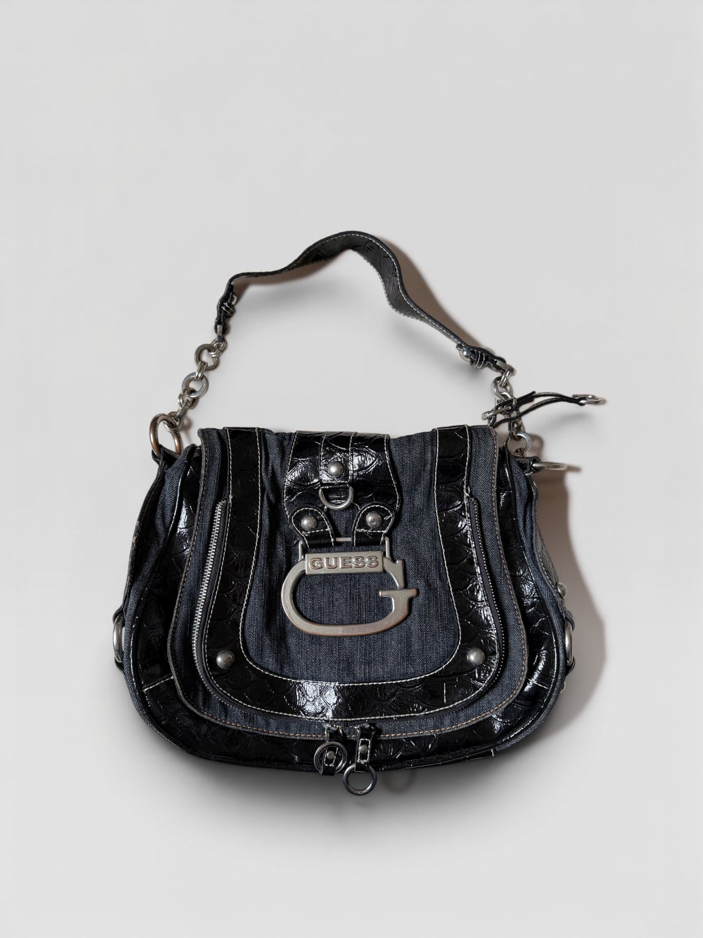 Vintage Guess Schultertasche Denim Schwarz Kroko
