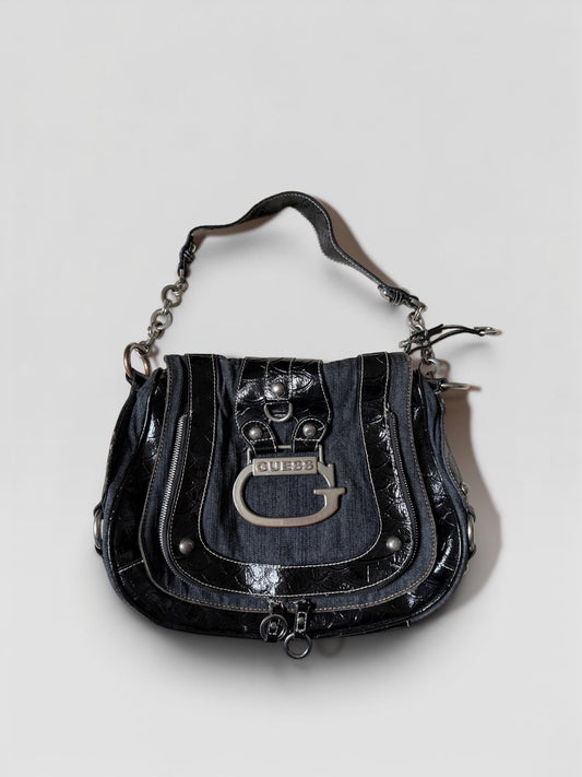 Vintage Guess Schultertasche Denim Schwarz Kroko