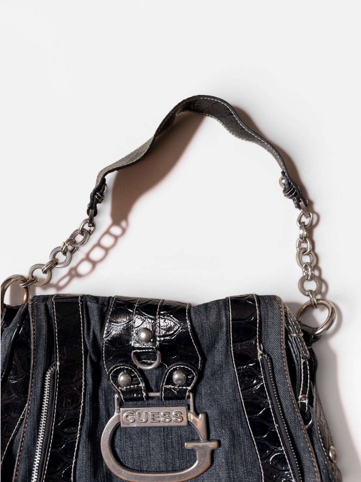 Vintage Guess Schultertasche Denim Schwarz Kroko