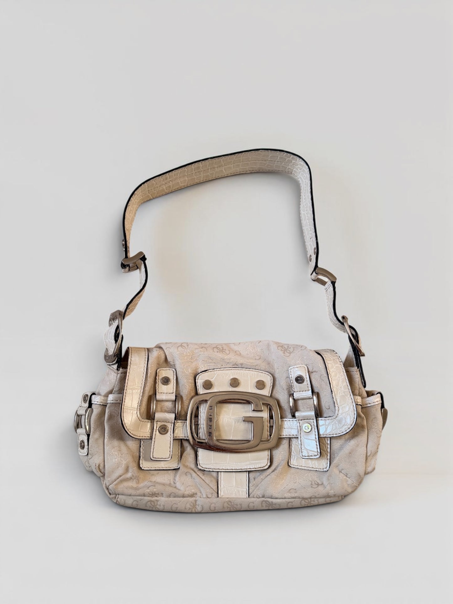 Vintage Guess Schultertasche Creme Monogramm