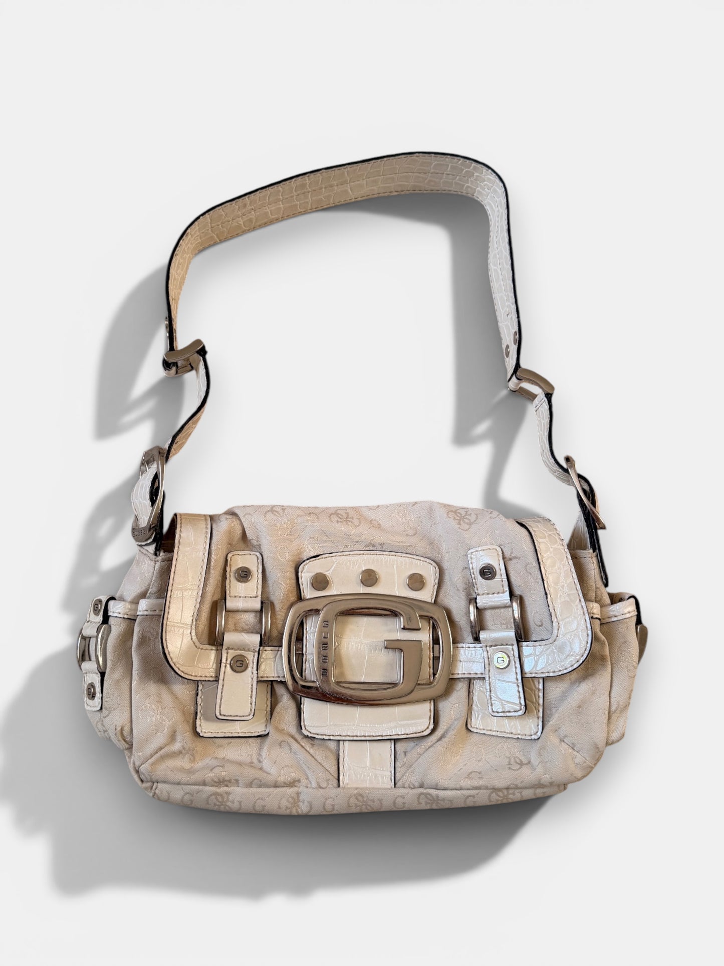 Vintage Guess Schultertasche Creme Monogramm