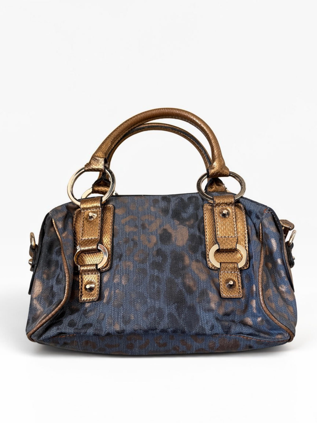 Vintage Guess Handtasche in Dunkelblau mit bronzefarbenem Leopardenmuster, Metallic-Details und grosser Ring-Hardware
